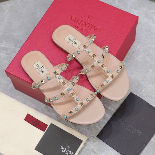 valentino25Ss Counter New Turquoise Rivet Sandals Flat-Soled Thick Heels Inte