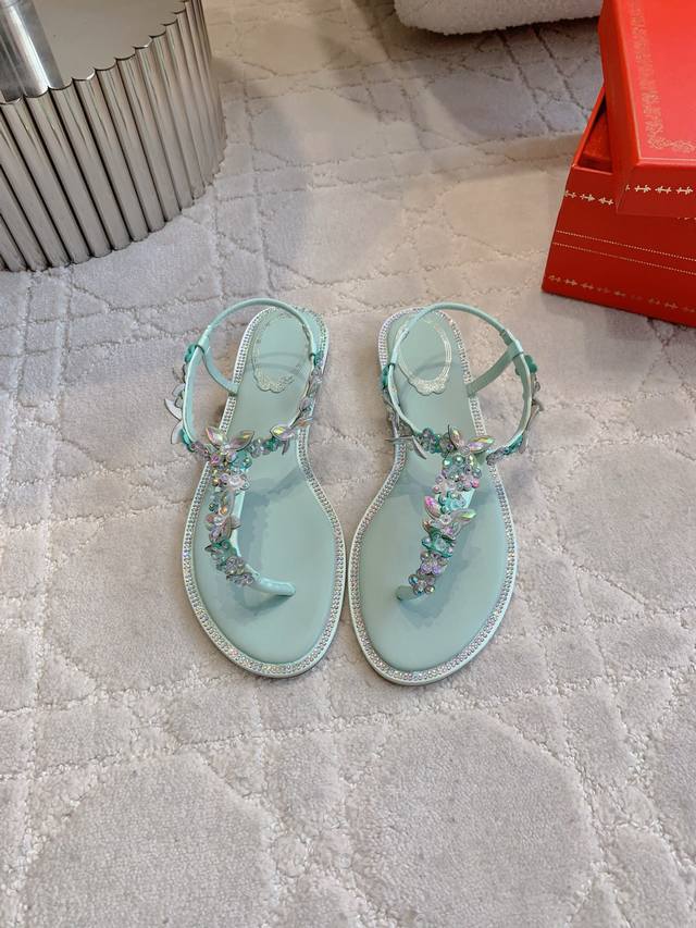 Factory Price P Ren* Caovill* Heavy Industry Butterfly Crystal Flat Sandals Blin