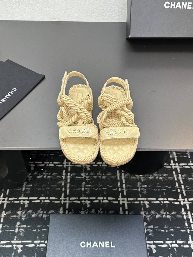 Sandals Chanel Braided Hemp Rope Cork Bottom Colorful Candy Color Slippers Class