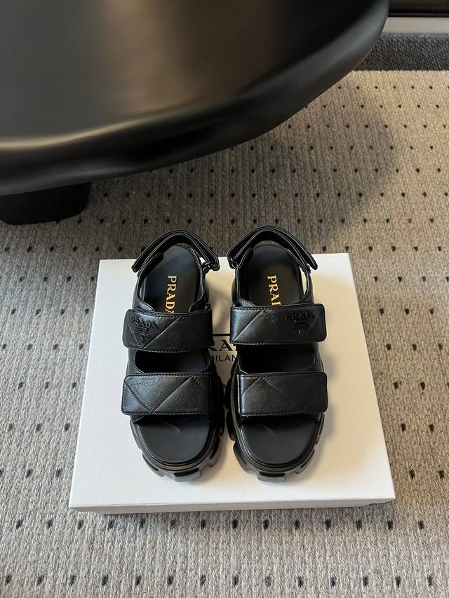 Latest Series Prad* Prada 24 Thick-Soled Velcro Sandals Roman Thick-Soled Velcro