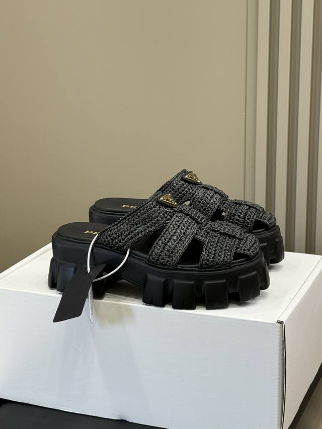 Top Quality Prada Ss25 New Arrival P's Raffia Thick-Soled Slippers Summer With R