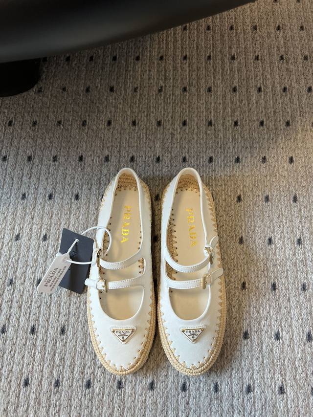 prad* 25Ss Raffia Mary Jane Flats Purchasing Level Purely Hand-Woven With Ico