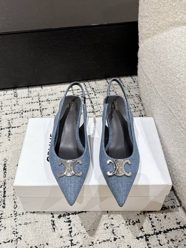 celine Celine 25 New Summer Color Arc De Triomphe Denim Flat Kitten Heel Sand