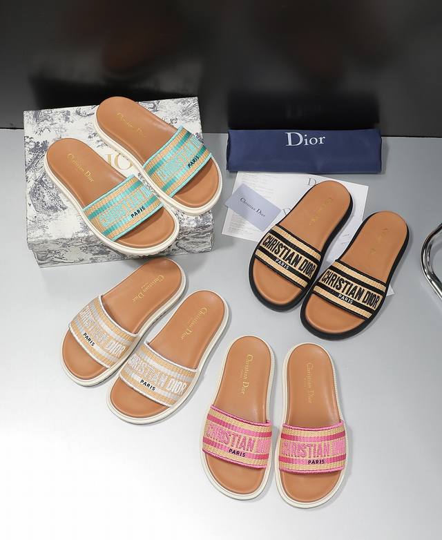 dior Dior Flat Flip Flops Straw Candy Upper Embroidery Woven Embroidery Lette
