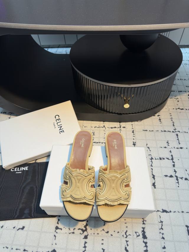 celine25 New Denim Tassel Arc De Triomphe Slippers Full Of French Lazy Style