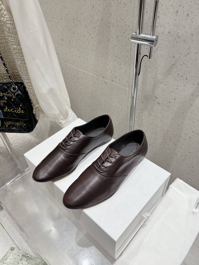therow New Round Toe Lace-Up Leather Shoes Casual Shoes Flat Shoes Upper Lamb