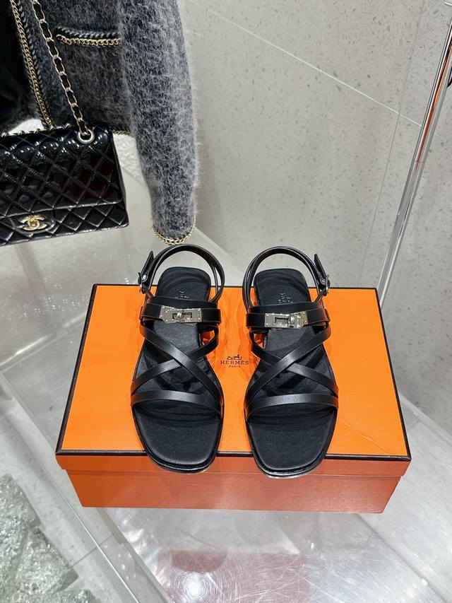 Top Version Hermes 25 June Sandal Series H Kelly Buckle Thin Strap Roman Sandals
