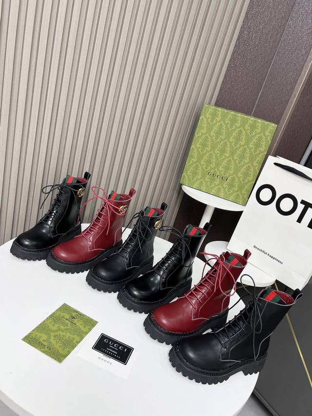 New Arrival, The Latest Version Of Gucci Versatile Lace-Up Martin Boots Heel Hei