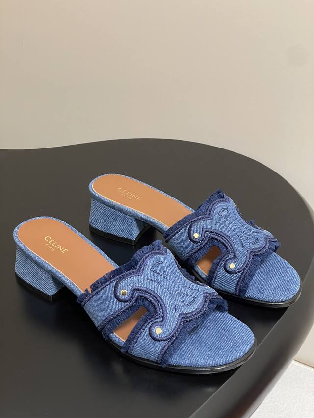 25Ss New Spring And Summer Celine Retro Distressed Cloth Thick-Heeled Slipper