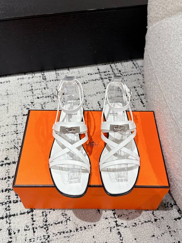 Top Version Hermes 25 June Sandal Series H Kelly Buckle Thin Strap Roman Sandals