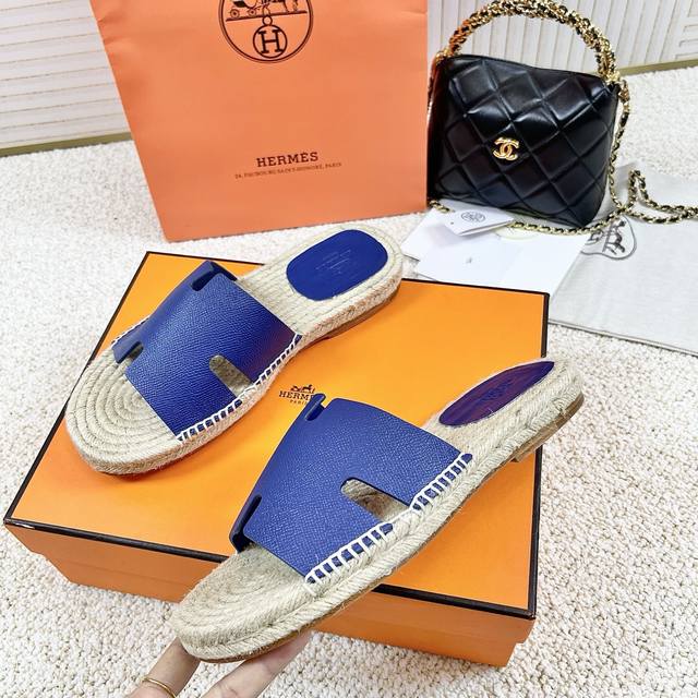 Men's Hermes H Antigua Series H Straw Sandals Layout: Skin Grain Cowhide Palm Gr