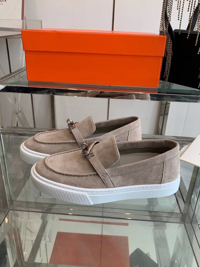 Female Male Hermes Game Couple Kelly Buckle Loafers H Home Unisex Calfskin Casua