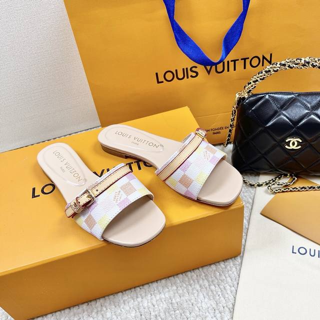 loui* Vuitto* L Donkey Brand 2025 New Checkerboard Lattice Sandals Sheepskin