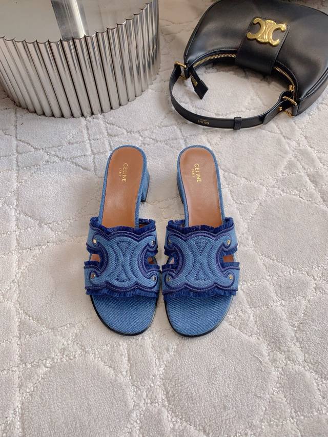Factory Price P Celin* New Denim Thick Heel Slippers. Denim Fabric Is So Beautif