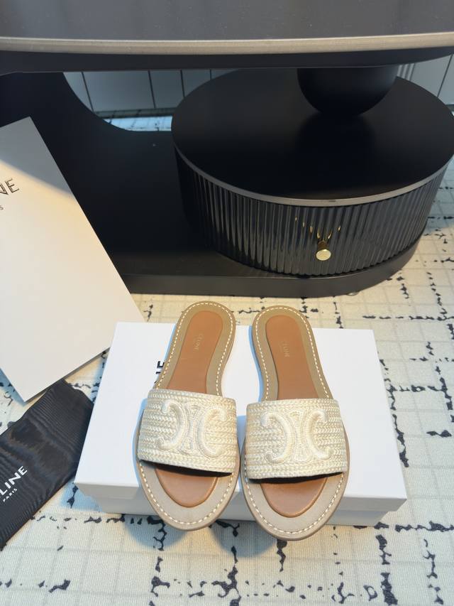 Purchasing Level Celin* Arc De Triomphe Straw Flat Slippers Simple, Comfortable,