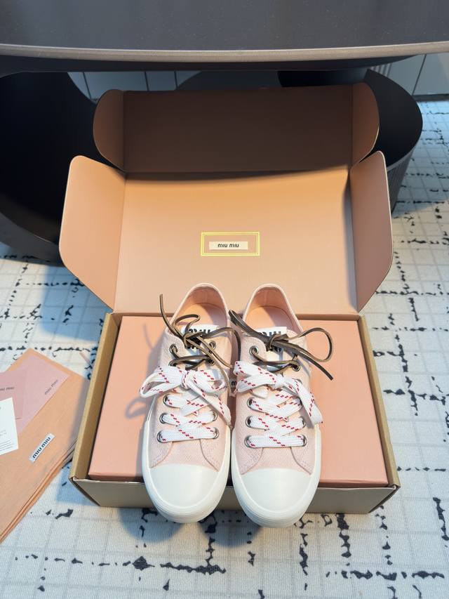 miumi* 25Ss Retro Biscuit Shoes Casual Canvas Shoes Double Laces Cloth Shoes