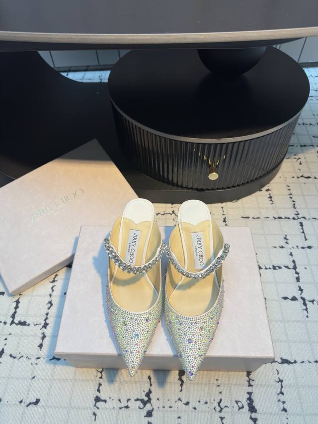 jimmy Choo Jimmy Choo Classic Diamond Chain Pointed High-Heeled Slippers Crys