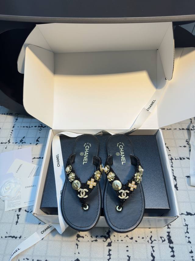 chane* Badge Flower Buckle Lambskin Tweed Flip-Flops This Badge Flip-Flop Has