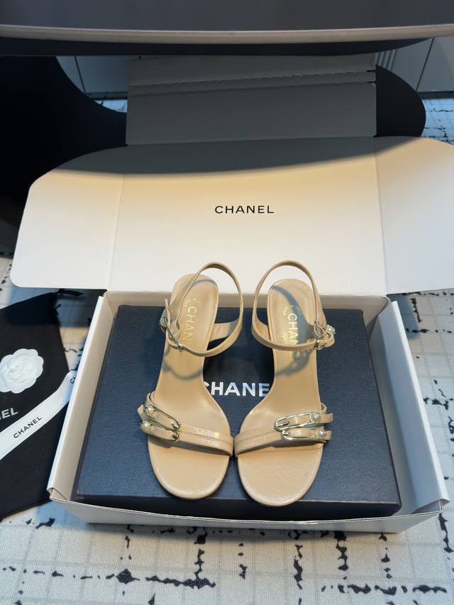 chane* Chanel 25C New Summer Pearl Double C Buckle High-Heeled Sandals This S