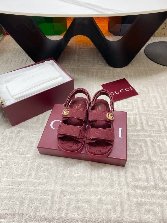 Factory High Version Gucci Gucci Spring And Summer New Gg Print Velcro Flat Sand