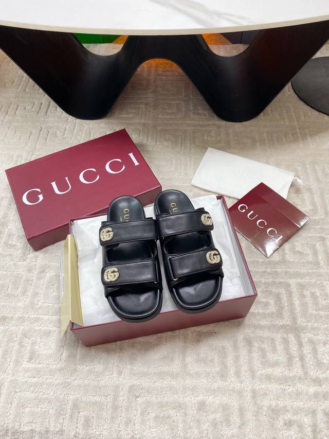 Factory High Version Gucci Spring And Summer New Gg Rhinestone Buckle Velcro Fla