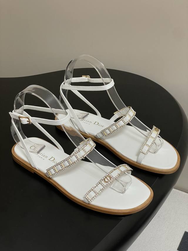 25Ss New Spring/Summer Dior D-Lssime Flat Sandals Crystal Diamond Strap Sanda