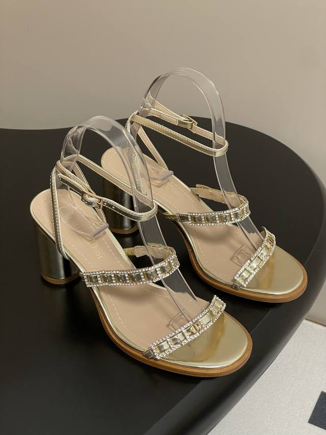 25Ss New Spring And Summer Dior D-Lssime Heeled Sandals, Crystal Diamond Stra