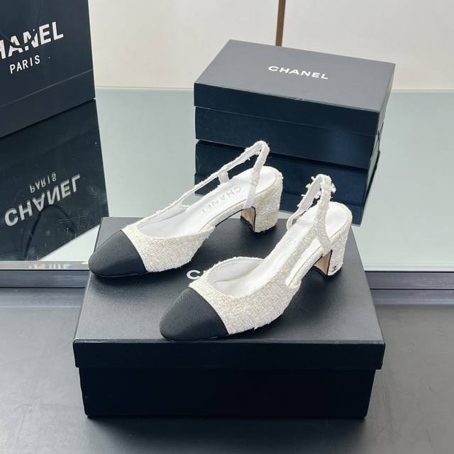 Main Model Chanel Slingback Classic Series Patchwork Thick Heel Sandals Fashion