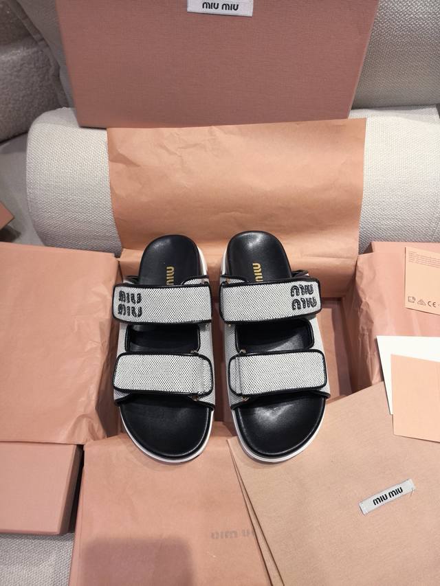 New Miu.Mi*Miu Miu Canvas Leather Flat Sandals And Slippers Top Original Version