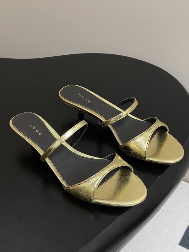 the Row 25S New Spring And Summer Simple Metal Leather Kitten Heel Round Toe