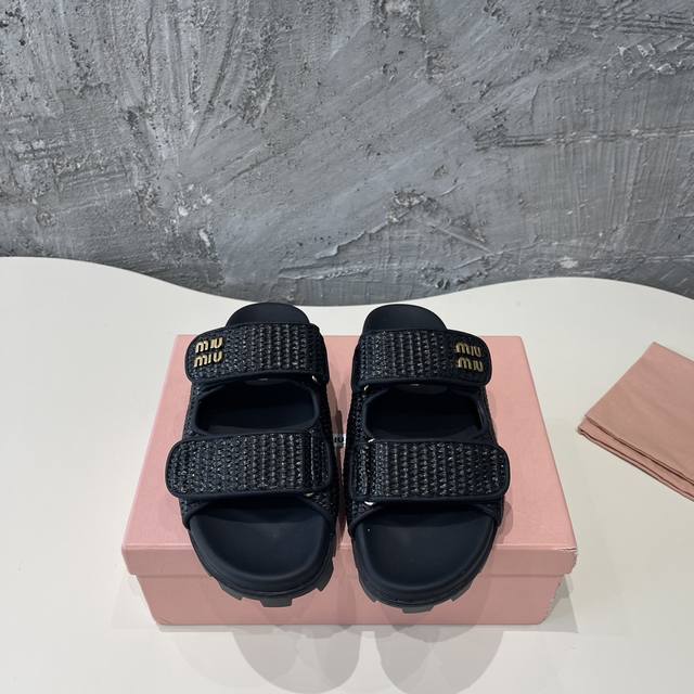miumiu Miu Miu 24 New Raffia Velcro Straw Sandals Full Of Girlishness Retro S