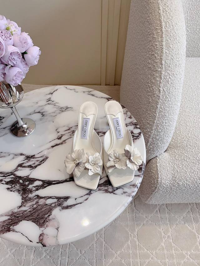 Factory Price P Jimmy Cho* New Flower High-Heeled Slippers, Pure Handmade Lambsk