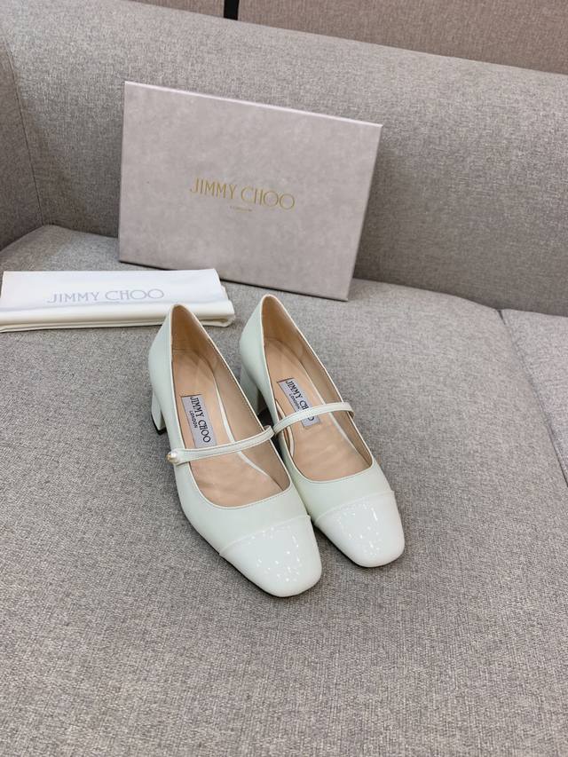 Factory Price P Jimmy Cho* New Thick Heel Mary Jane Shoes Classic Pearl Letter L