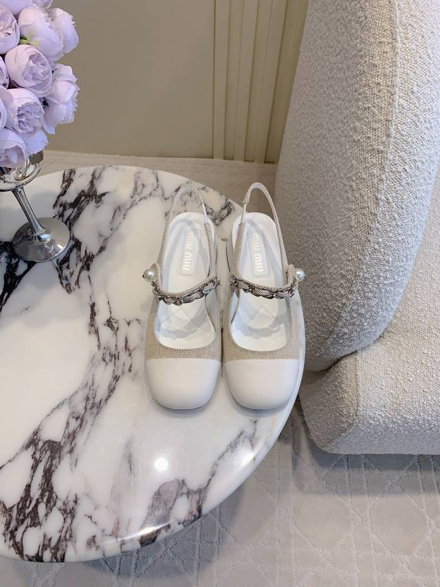 Backless Shoes Miu New Thick Heel Mary Jane Shoes New Version Cloth Splicing Cha