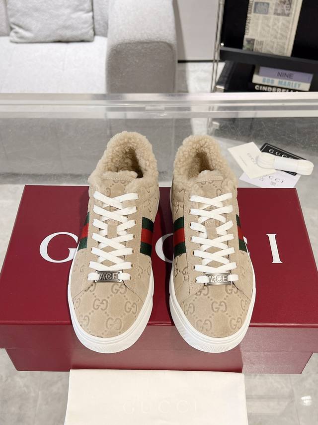 Couple's Gucci Ace Series Decorated With Webbing Couple's Wool-Lined Sneakers Li