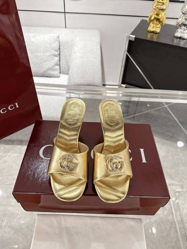 gucci 2025 Spring And Summer New Diamond Buckle Open-Toe High-Heeled Slippers