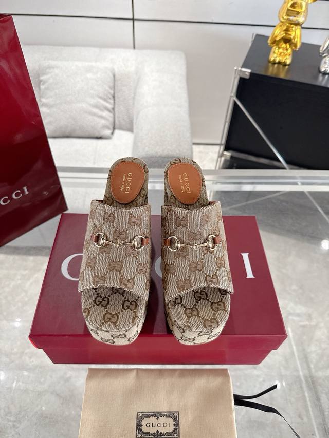 gucci Thick-Soled Classic Gg Canvas Thick-Soled Slippers, Leg-Lifting Artifac