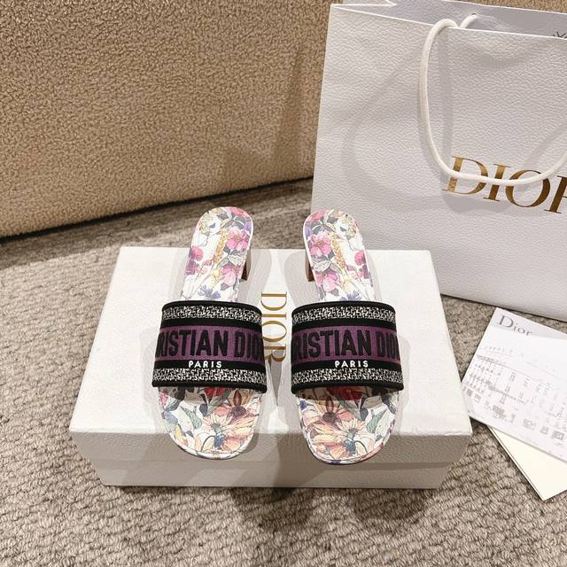 Purchasing Level Classic Dior Logo Computer Embroidered Canvas Square Heel Slipp
