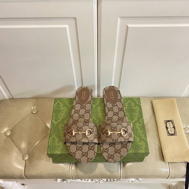 Rubber Sole Genuine Leather Sole Gucci New Slippers Jacquard Double G Canvas Cow
