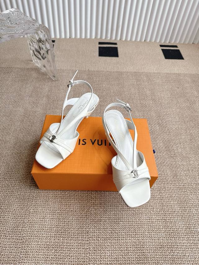 louis Vuitton Lv Square Toe Buckle V-Strap Kitten Heel Sandals Slingback High