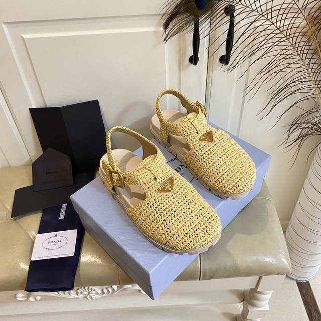 Factory Price P Prada New Straw Sandals Straw Surface Sheepskin Lining 35-40 Siz
