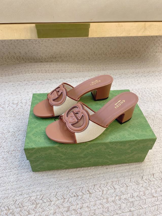gucc*Ss25 New Style Double G Hollow New Color Mid-Heel Slippers Original Last