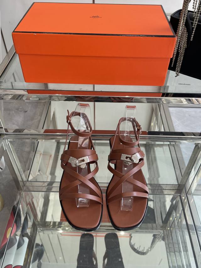 Top Version Hermes June Sandal Series H Kelly Buckle Thin Strap Roman Sandals Ca