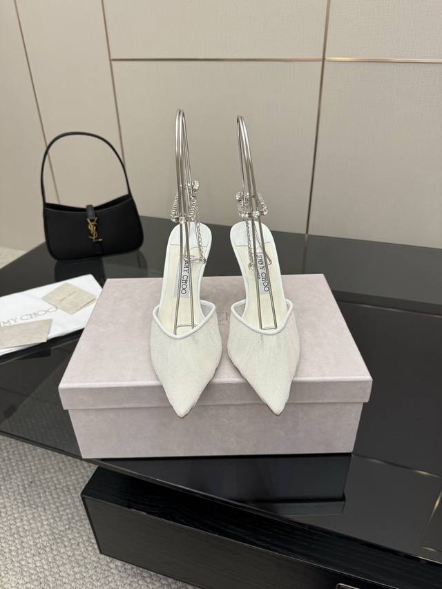 jimmy Choo New Y-Chain High-Heeled Sandals Mesh Pointed Toe Shoes Upper Impor