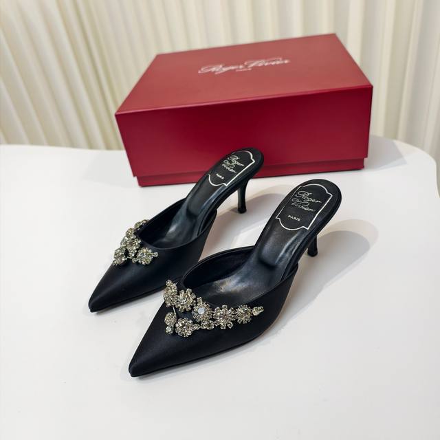 roger Vivier New Black Satin Rhinestone Pointed Toe Half-Slipper. The Black S