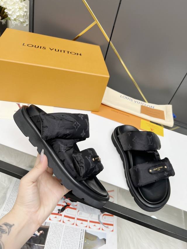 louis Vuitton's Popular Embossed Logo Sandals. This Pool Pillow Comfort Flat