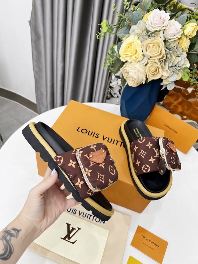 louis Vuitton's Popular Embossed Logo Sandals. This Pool Pillow Comfort Flat