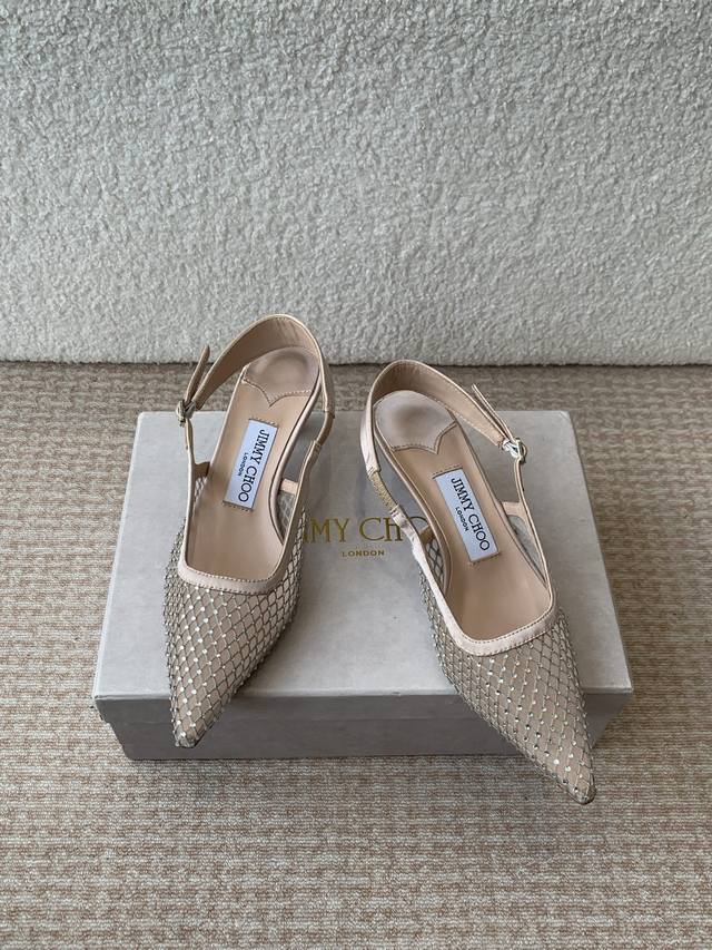 jimmy Choo 25 Spring/Summer New Mesh Rhinestone Square Toe Kitten Heel Slippe