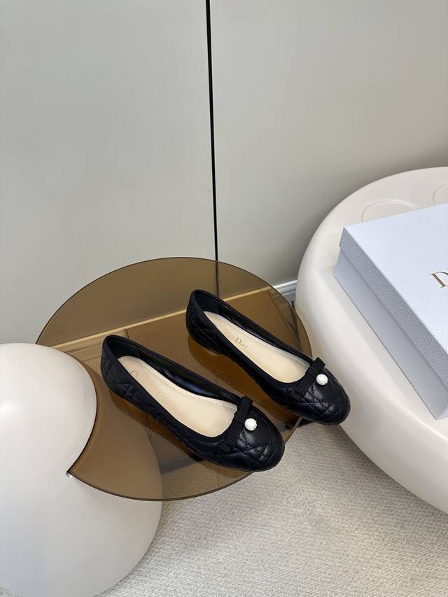 Top Original With Airplane Box Dior New Ballet Shoes Cd Pearl Buckle Flat Shoes