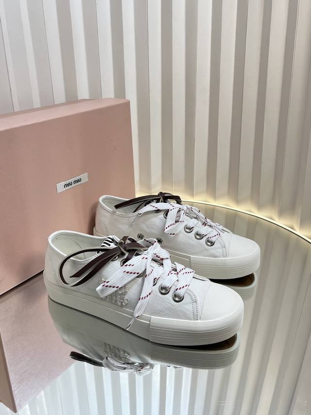 miumi* 25Ss Retro Style Biscuit Shoes Casual Canvas Shoes Double Laces Cloth